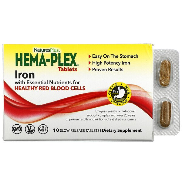 Hema-Plex, Железо с необходимыми питательными веществами для здоровых эритроцитов, 10 таблеток с медленным высвобождением NaturesPlus