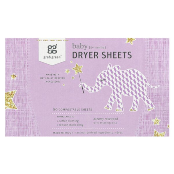 Кондиционеры для белья и сушки детских вещей Grab Green Dryer Sheets, Baby, 5+ Months, Dreamy Rosewood with Essential Oils, 80 Compostable Sheets Grab Green