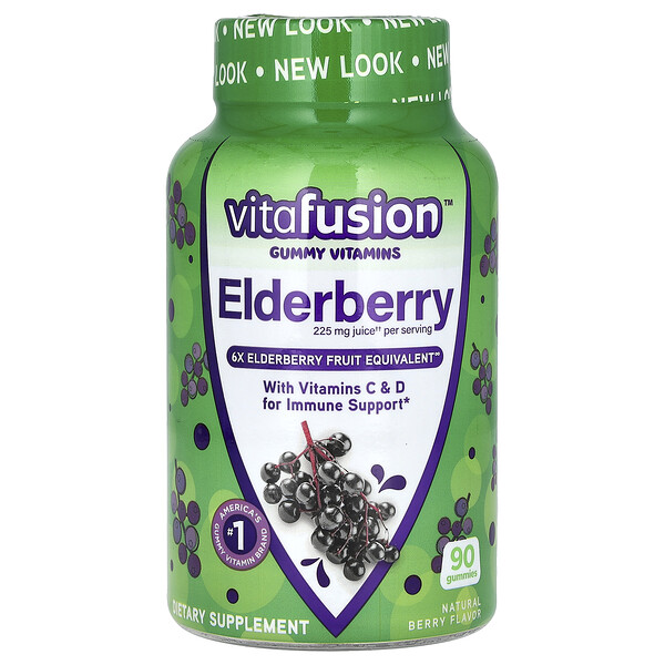 Gummy Vitamins, Elderberry with Vitamins C & D, Natural Berry, 90 Gummies (Жевательные конфеты) Vitafusion