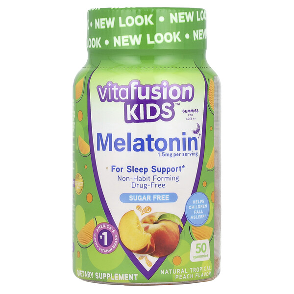 Kids, Melatonin Gummies (Жевательные конфеты), For Ages 4+, Natural Tropical Peach, 1.5 mg, 50 Gummies Vitafusion