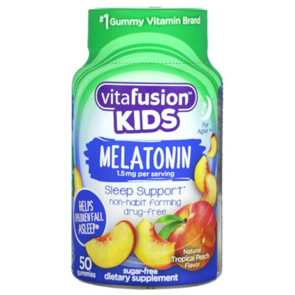 Детский мелатонин, для детей от 4 лет, натуральный тропический персик, 1,5 мг, 50 жевательных таблеток Vitafusion