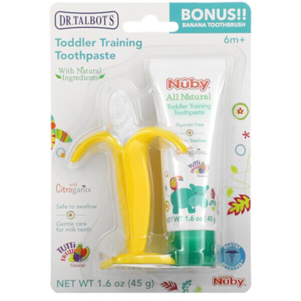 Зубная паста для обучения малышей с банановой зубной щеткой, от 6 месяцев, Tutti Frutti, набор из 2 предметов Dr. Talbot's