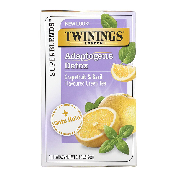 Detox, Adaptogens, зеленый чай со вкусом грейпфрута и базилика, 18 чайных пакетиков, 1,27 унции (36 г) Twinings