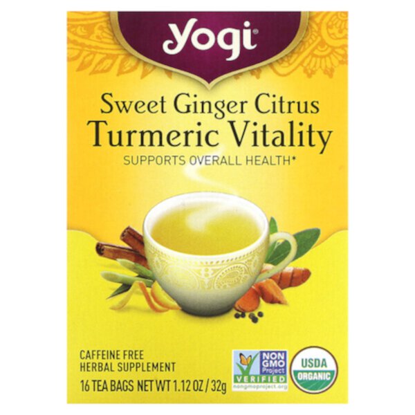 Sweet Ginger Citrus Turmeric Vitality, без кофеина, 16 чайных пакетиков, 1,12 унции (32 г) Yogi