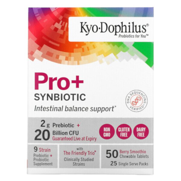 Kyo-Dophilus, Pro+Synbiotic, Вкус ягодного смузи, 20 миллиардов КОЕ, 50 жевательных таблеток - Kyolic Kyolic
