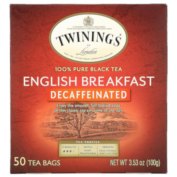English Breakfast, Черный чай без кофеина, 50 чайных пакетиков, 3,53 унции (100 г) Twinings
