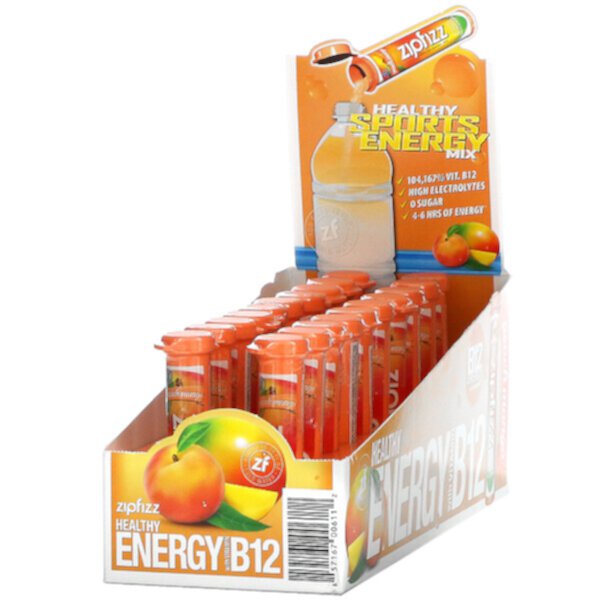 Healthy Sports Energy Mix с витамином B12, персик и манго, 20 тюбиков по 0,39 унции (11 г) каждый Zipfizz