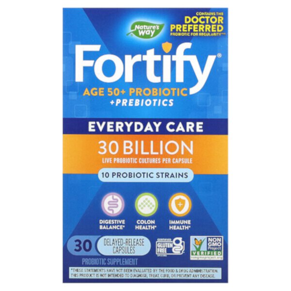 Fortify, Пробиотики + пребиотики для возраста 50+, ежедневный уход, 30 миллиардов, 30 растительных капсул с отсроченным высвобождением Nature's Way