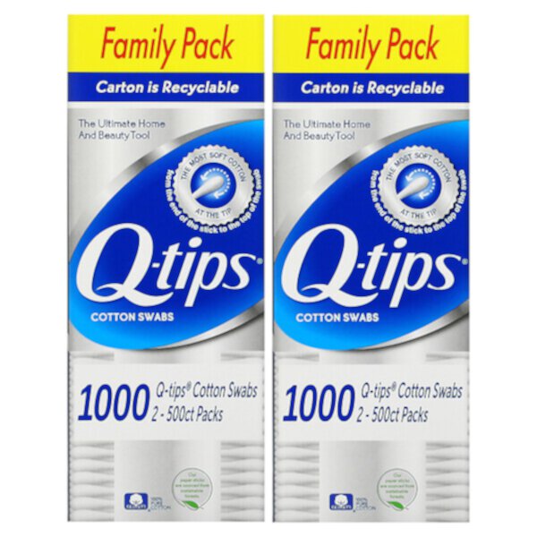 Ватные тампоны, семейная упаковка, 2 упаковки, 500 тампонов в каждой Q-tips