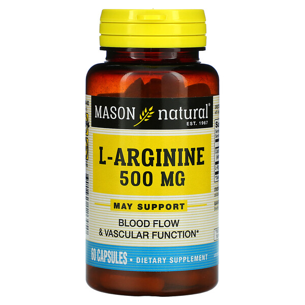 L-аргинин, 500 мг, 60 капсул Mason Natural