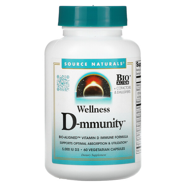 Wellness D-mmunity, Биоориентированная иммунная формула витамина D, 6000 МЕ, 60 вегетарианских капсул (75 мкг (3000 МЕ) на капсулу) Source Naturals