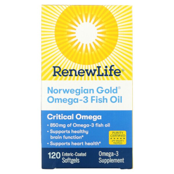 Рыбий жир Norwegian Gold Omega-3, 850 мг, 120 мягких капсул, покрытых кишечнорастворимой оболочкой Renew Life
