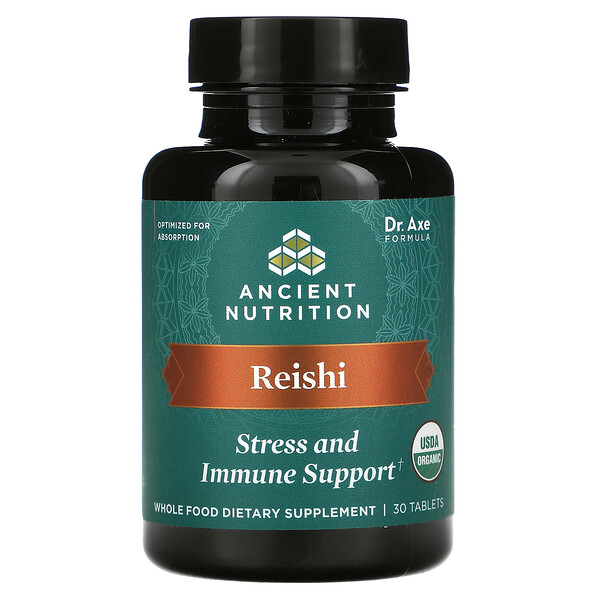 Рейши, поддержка стресса и иммунитета, 30 таблеток Dr. Axe / Ancient Nutrition