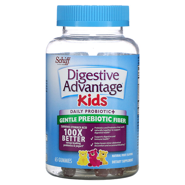 Digestive Advantage Kids, Ежедневный пробиотик + нежная пребиотическая клетчатка, натуральные фрукты, 65 жевательных конфет Schiff