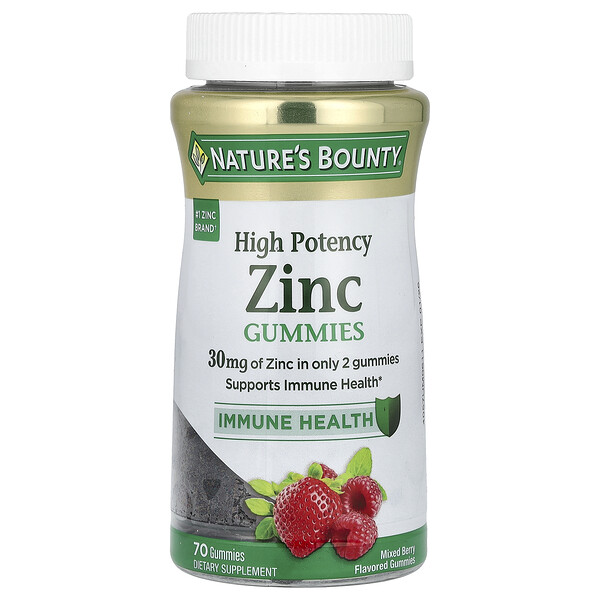 Zinc Gummies (Жевательные конфеты), High Potency, Mixed Berry, 30 mg, 70 Gummies (15 mg Per Gummy) Nature's Bounty