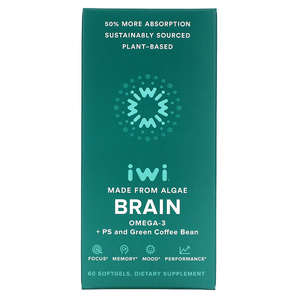 Brain, Омега-3 + PS и зеленый кофе в зернах, 60 мягких капсул IWi