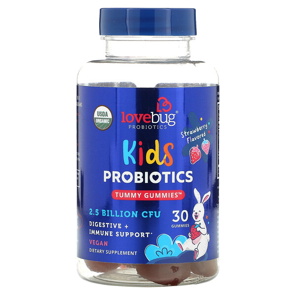 Kids Probiotics, Жевательные таблетки для живота, клубника, 2,5 миллиарда КОЕ, 30 жевательных таблеток LoveBug Probiotics