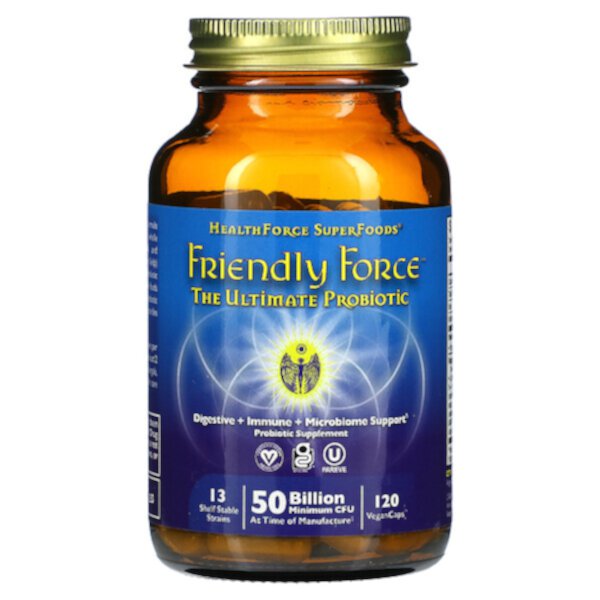 Friendly Force, Лучший пробиотик, 25 миллиардов КОЕ, 120 веганских капсул HealthForce Superfoods