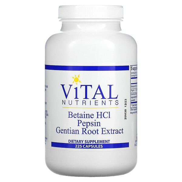 Бетаин HCl, пепсин, экстракт корня горечавки, 225 капсул Vital Nutrients