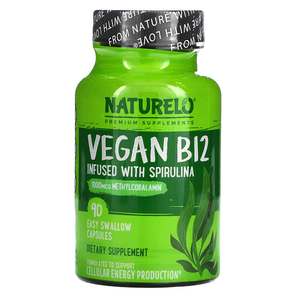 Vegan B12, наполненный спирулиной, 90 капсул Easy Swallow NATURELO