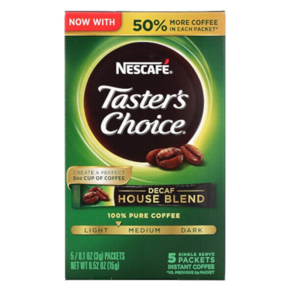Taster's Choice, Растворимый кофе, домашняя смесь, легкая/средняя обжарка, без кофеина, 5 пакетиков по 0,1 унции (3 г) каждый Nescafé