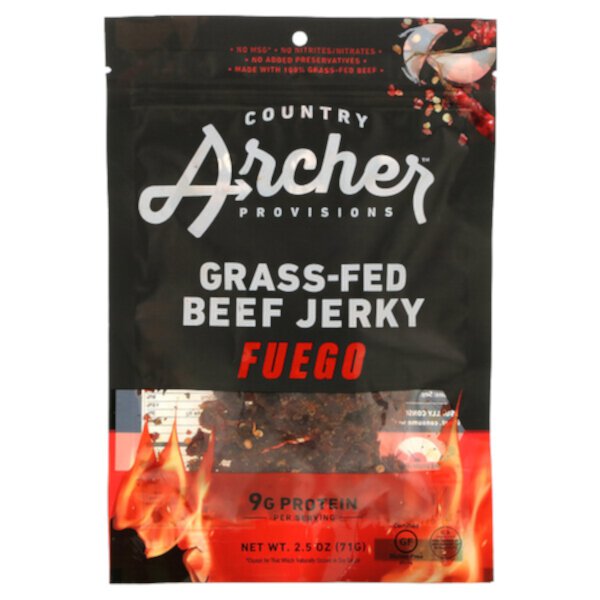 Вяленая говядина травяного откорма, Fuego, 2,5 унции (71 г) Country Archer Jerky