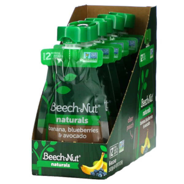 Naturals, Stage 2, банан, черника и авокадо, 6 пакетиков по 3,5 унции (99 г) каждый Beech-Nut