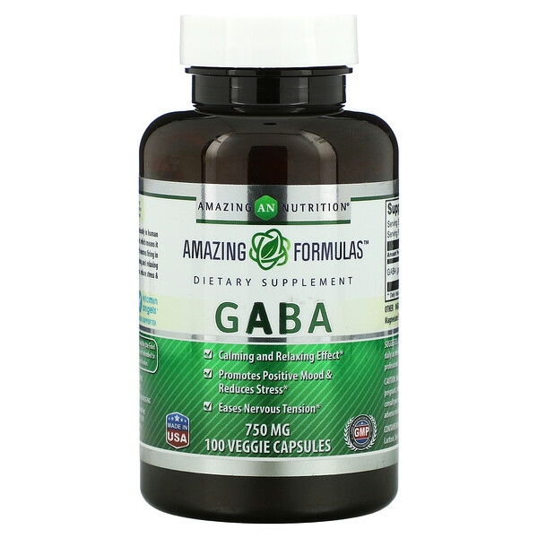 Габа, 750 мг, 100 растительных капсул Amazing Nutrition