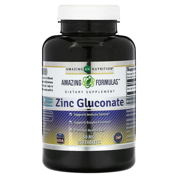 Глюконат цинка, 50 мг, 250 таблеток Amazing Nutrition