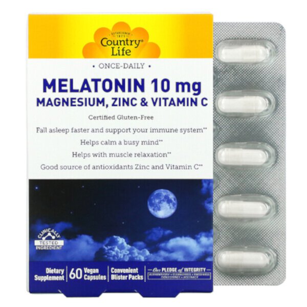 Мелатонин 10 мг магния, цинка и витамина С, 60 веганских капсул Country Life