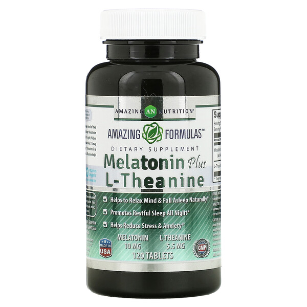 Мелатонин плюс L-теанин, 10 мг, 120 таблеток Amazing Nutrition