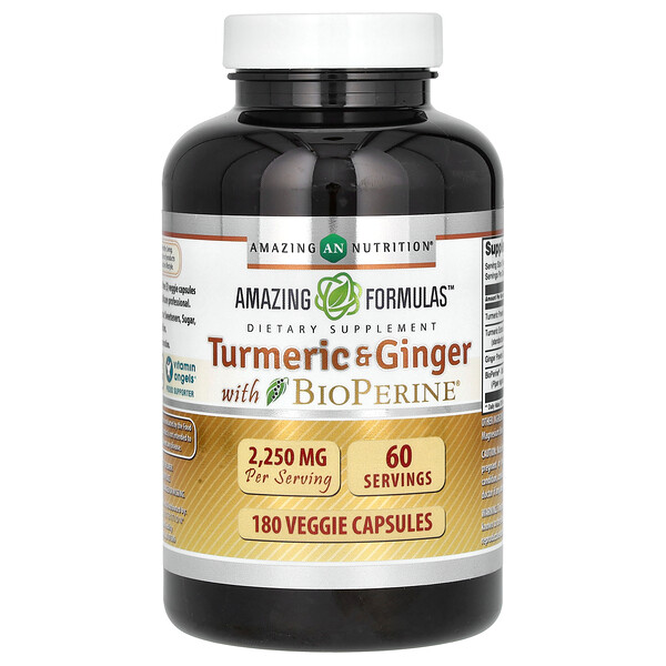 Куркума и Имбирь с BioPerine, 2250 мг - 180 растительных капсул - Amazing Nutrition Amazing Nutrition