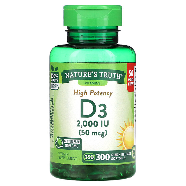 Высокоэффективный витамин D3, 50 мкг (2000 МЕ), 300 мягких капсул с быстрым высвобождением Nature's Truth