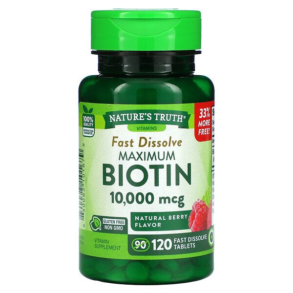 Maximum Biotin, Natural Berry, 10 000 мкг, 120 быстрорастворимых таблеток Nature's Truth