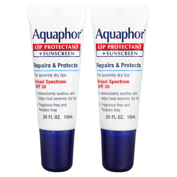 Средство для защиты губ + солнцезащитный крем, SPF 30, 2 тюбика по 0,35 ж. унц. (10 мл) каждый Aquaphor