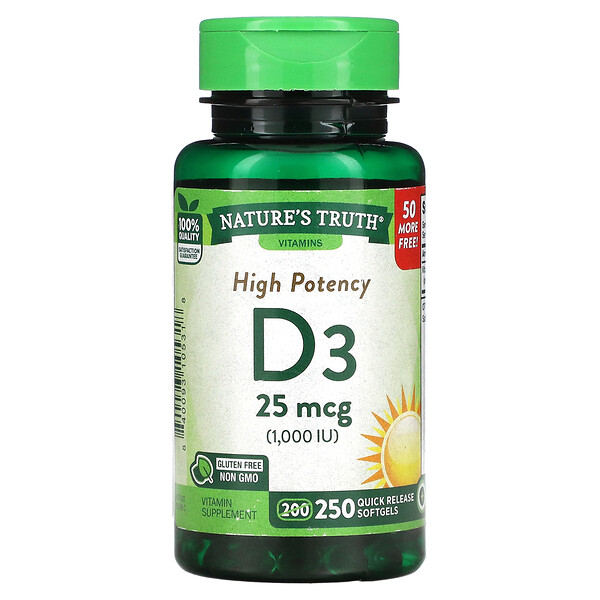 Высокоэффективный витамин D3, 25 мкг (1000 МЕ), 250 мягких капсул с быстрым высвобождением Nature's Truth