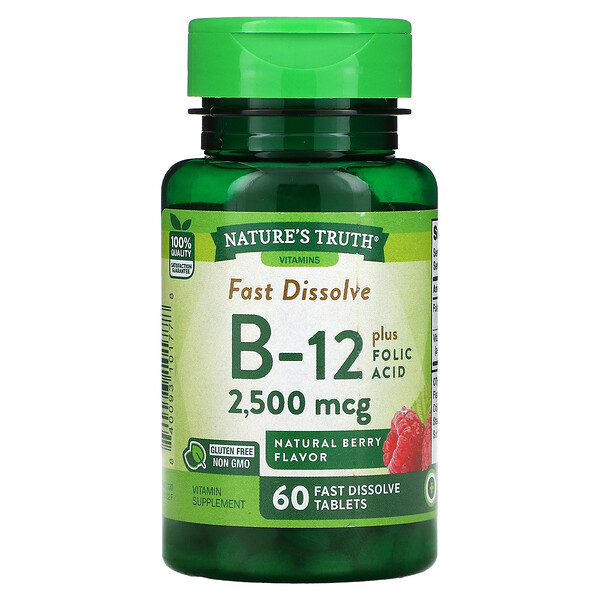 Витамин B-12 плюс фолиевая кислота, натуральная ягода, 2500 мкг, 60 быстрорастворимых таблеток Nature's Truth