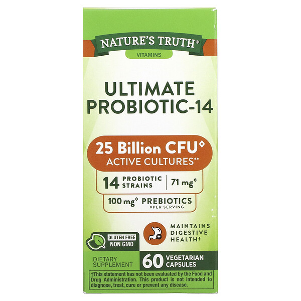 Ultimate Probiotic-14, 25 миллиардов, 60 быстродействующих капсул Nature's Truth