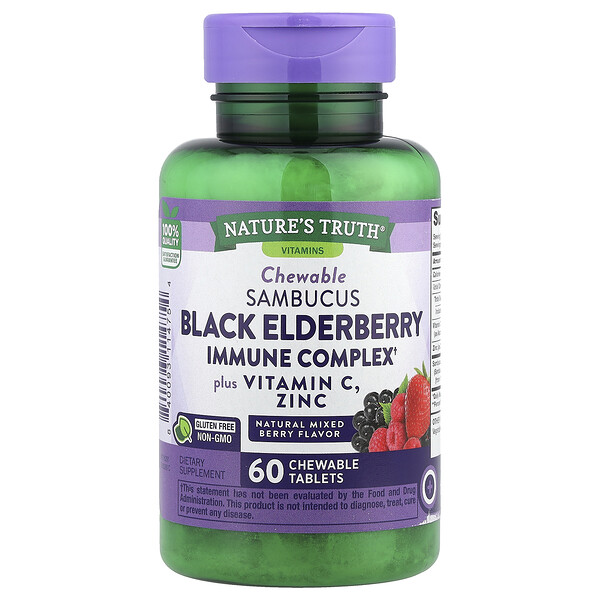 Sambucus Black Elderberry Immune Complex Plus Vitamin C & Zinc, Natural Mixed Berry, 60 Chewable Tablets (Жевательные таблетки) Nature's Truth