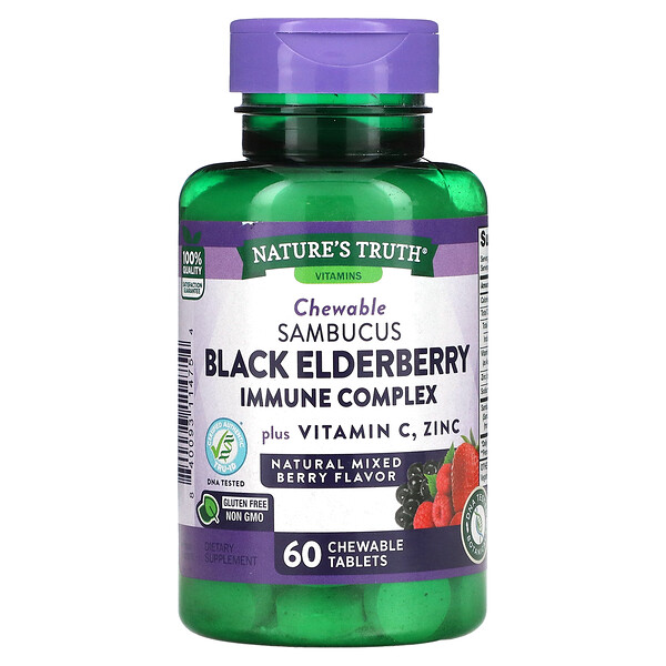 Sambucus Black Elderberry Immune Complex Plus Vitamin C & Zinc, смесь натуральных ягод, 60 жевательных таблеток Nature's Truth