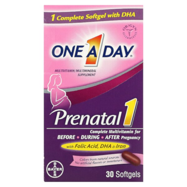 Prenatal 1 с фолиевой кислотой, ДГК и железом, мультивитаминная/мультиминеральная добавка, 30 мягких таблеток One-A-Day