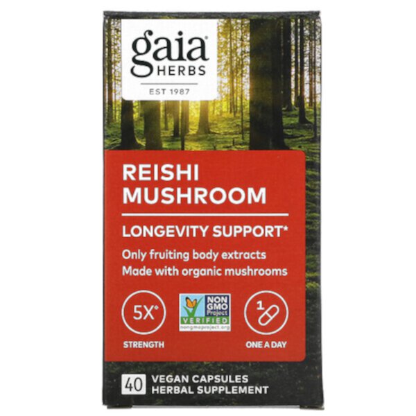 Гриб рейши, 40 веганских капсул Gaia Herbs