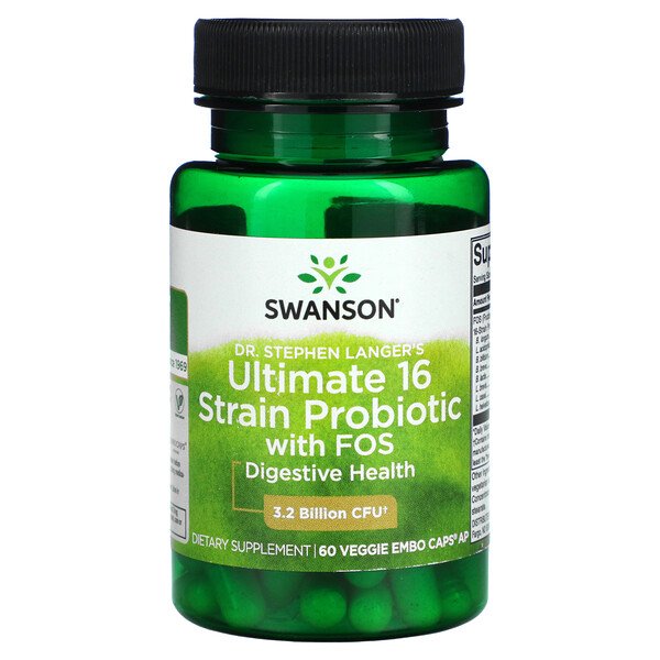 Ультимейт 16 Штаммов Пробиотик с ФОС - 3.2 миллиарда КОЕ - 60 растительных капсул - Swanson Swanson