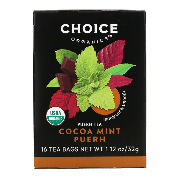 Чай Пуэр, Пуэр с какао и мятой, 16 чайных пакетиков, 1,12 унции (32 г) Choice Organic Teas