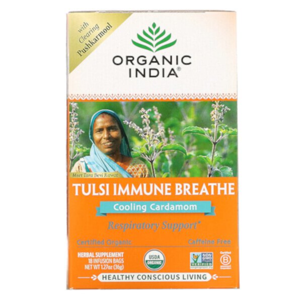 Tulsi Immune Breathe, Охлаждающий кардамон, без кофеина, 18 пакетиков для инфузий, 1,27 унции (36 г) Organic India