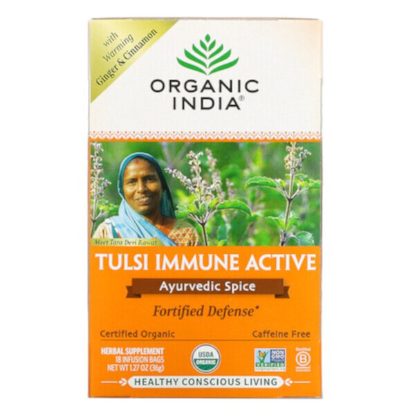 Tulsi Immune Active, Аюрведическая специя, без кофеина, 18 пакетиков для инфузий, 1,27 унции (36 г) Organic India