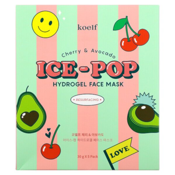 Гидрогелевая косметическая маска для лица Ice-Pop, вишня и авокадо, 5 листов по 30 г каждый Koelf