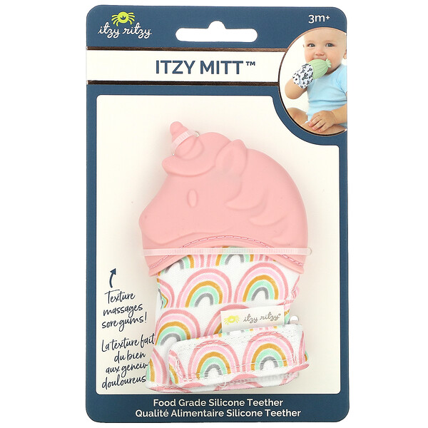 Itzy Mitt, Прорезыватель для зубов из пищевого силикона, от 3 месяцев, светло-розовый единорог, 1 прорезыватель Itzy Ritzy