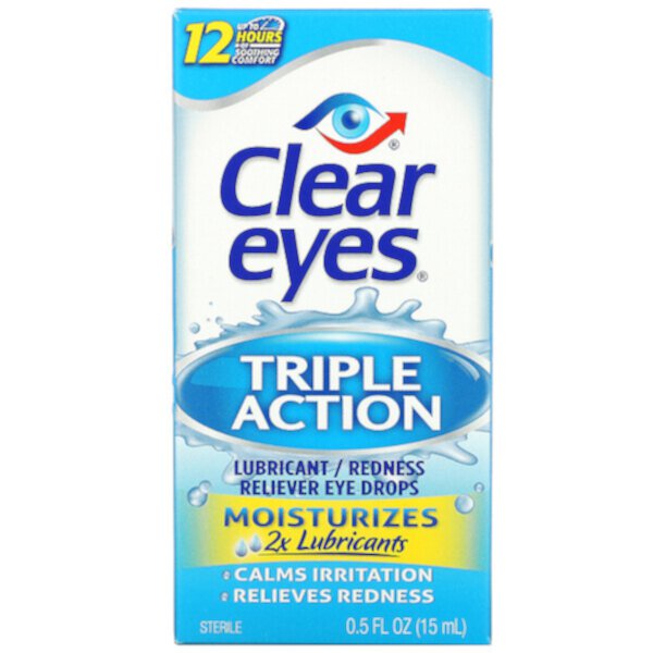 Тройное действие, глазные капли, смазывающие/снимающие покраснение, 0,5 ж. унц. (15 мл) Clear Eyes