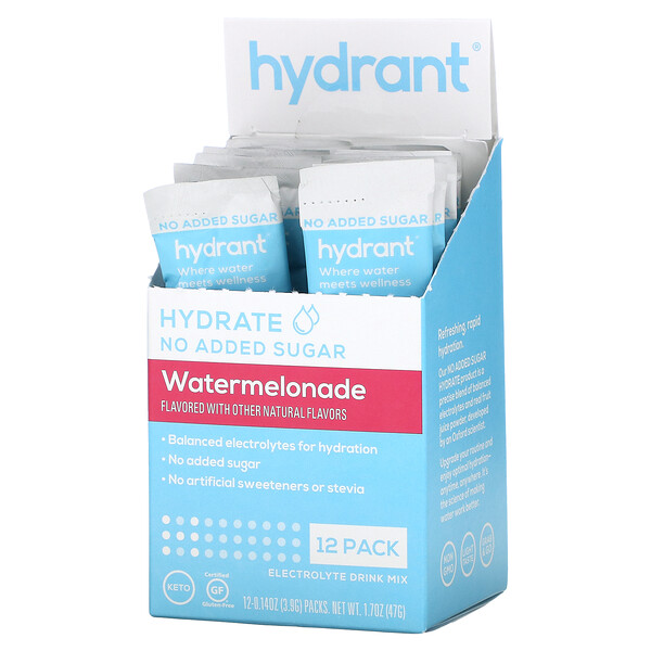 Electrolyte Drink Mix, Watermelonade, 12 упаковок по 0,14 унции (3,9 г) каждая HYDRANT